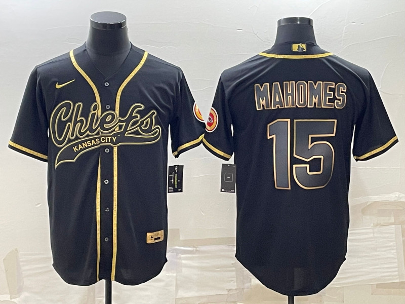 Men's Kansas City Chiefs #15 Patrick Mahomes Black Gold With Patch Cool Base Stitched Baseball Jersey